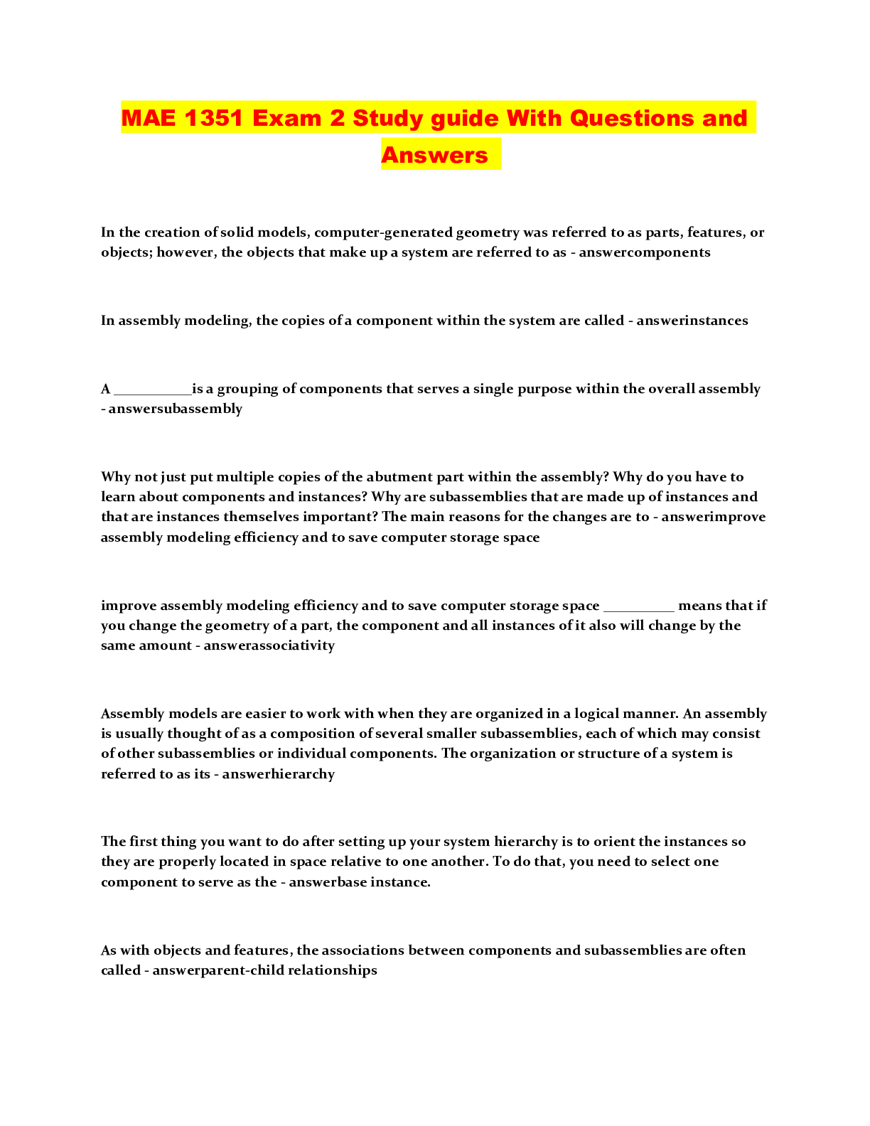 Preview of MAE 1351 Exam 2 Study guide With Questions and Answers
